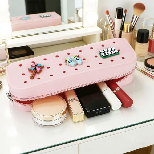 Cute Silicone Pen Case Pen Pouch with DIY Holes and 3 Decoratives(Random) Travel Makeup Brush Bag suitable for travel home7.81inch (Pale Pink,2 Packs) - color: Pale Pink,2 Packs