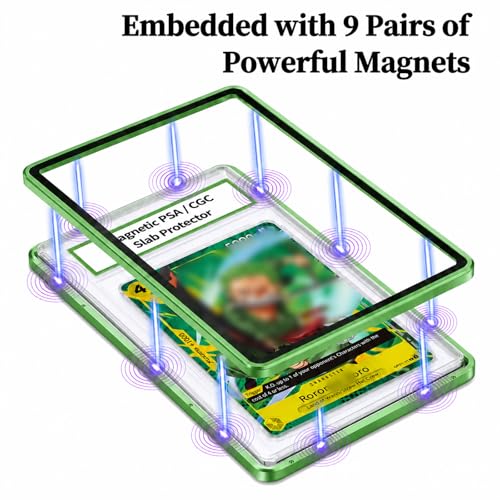 Magnetic PSA/CGC Slab Protector with Foldable Kickstand - UV Protection Tempered Glass & Aluminum Metal Bumper for 35PT PSA CGC CSG AGS, 9-Point Secure Lock Display Guard & Clear View (Green) - color: Green, size: PSA Card Case