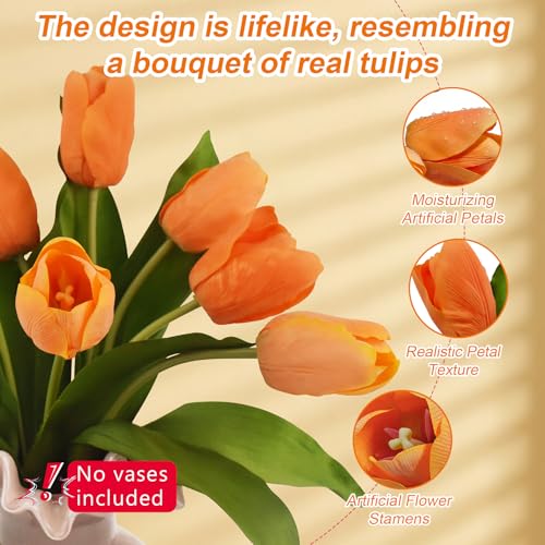 10 Stems 14 Inch Tulips Artificial Flowers Realistic Faux Flowers - color: Orange