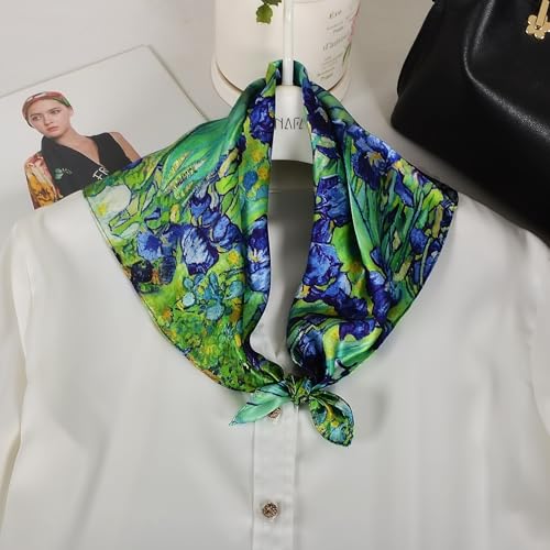Women 100% Mulberry Silk Neck Scarf 21" Square Floral Neckerchief - color: Blue Green Iris