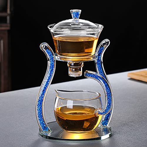 RORA Lazy Kungfu Glass Tea Set Semi Automatic Drip Rotating with Infuser Glass Teapot Set (6 cups) - color: Blue, size: teapot set