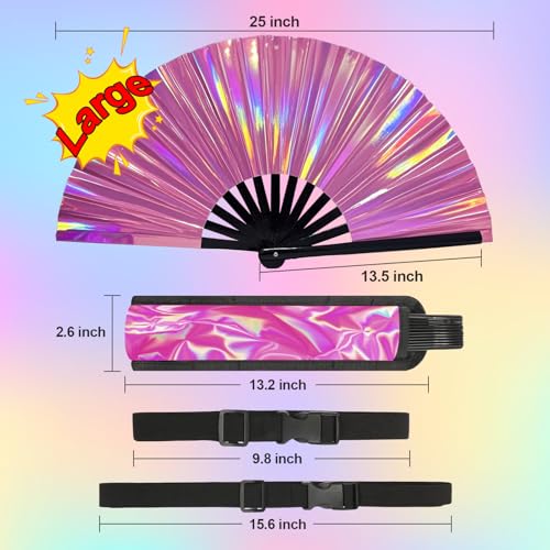 EOSAU Large Holographic Rave Fan Folding Hand Fans with Holster, Pink - color: 13" Pink Suit