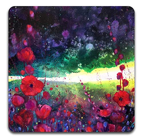 Watercolor Red Flowers Square Coaster Set-Made of Recycled Rubber-Set of 4 - color: Watercolor Red Flowers