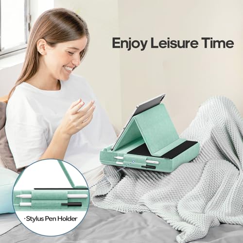 KDD Tablet Pillow Stand, Multi-Angle Viewing Ipad Holder for Lap, Bed and Desk, Foldable Soft Pad Dock with Stylus Mount Compatible with Ipad Pro 12.9, 10.5, 11, Air, Mini, Phones, Books, E-Reader - color: Green