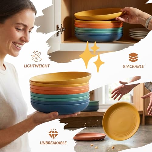 Homienly Deep Dinner Plates Set of 8 Alternative for Plastic Plates Microwave and Dishwasher Safe Wheat Straw Plates for Kitchen Unbreakable Kids Plate Set with 4 Colors (Classic Bright, 9 inch) - color: Classic Bright, size: 9 Inch