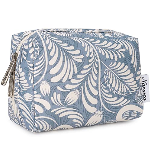 Narwey Small Makeup Bag for Purse, Travel Mini Cosmetic Bag for Women Girls - color: Blue Leaf, style: Small