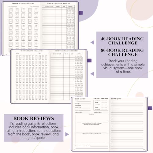 AKONEGE Reading Journal for Book Tracking - PU Leather Book Journal Reading Log with 80 Reviews for Readers, Accessories with Sticky Tabs, Pen Holder, Ribbon Bookmarks, 5.6" x 8.3", Purple - color: Purple