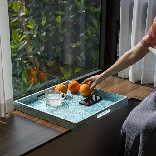 PEMAR Mother of Pearl Square Decorative Tray 20 x 20 Inch - Handcrafted Ocean Blue Herringbone Shell Inlay Ottoman Tray with Built-in Handles, Large Oversized Coffee Table Centerpiece Tray - color: Light Teal Herringbone
