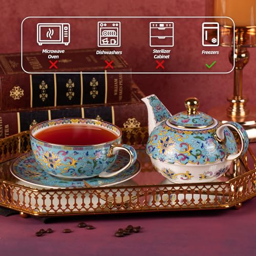 KAMMAK Tea for One Set, Ceramic Teapot, Bone China Tea Set, Cup and Saucer - color: Lake Blue
