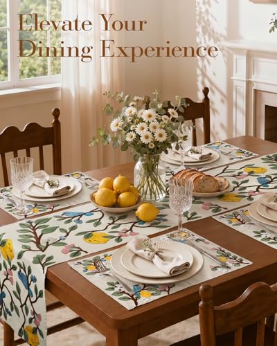 Embroidered Placemats Set of 6-13"x 18" 6PCS Embroidered Rustic Washable Fabric Place Mats Farmhouse Boho Dining Table Mats Dinner Placemats, Lemon Bird - color: Lemon Bird