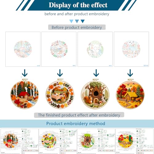 Zhenqing 4-Piece Autumn Embroidery Kit for Beginners, Fall Cabin Squirrel Treehouse Pumpkin Needlework Set with Pre-Printed Fabric, Hoop & Threads (C0167) - color: Autumn Woodland Collection