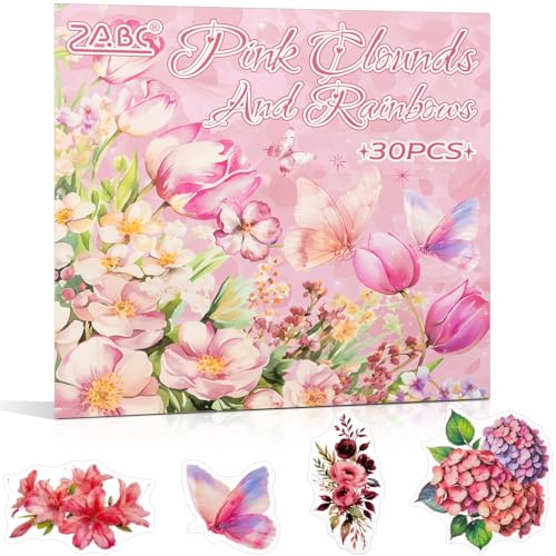 Rose Garden Series Sticker Scrapbooking Supplies for Junk Journal, 30 Sheets PET Stickers - Vintage Journaling Stickers, Ephemera Sticker Book Pre Cut(TZ-005-001) - color: Rosy Pink Clouds