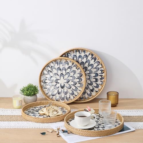Round Rattan Tray with Mother of Pearl Inlay, Rattan Serving Tray with Wooden Base, Decorative Wicker Basket for Table Decor, Storage and Display of Coffee Bread Food Fruit (Plume 13.5") - color: Plume, size: 13.5"