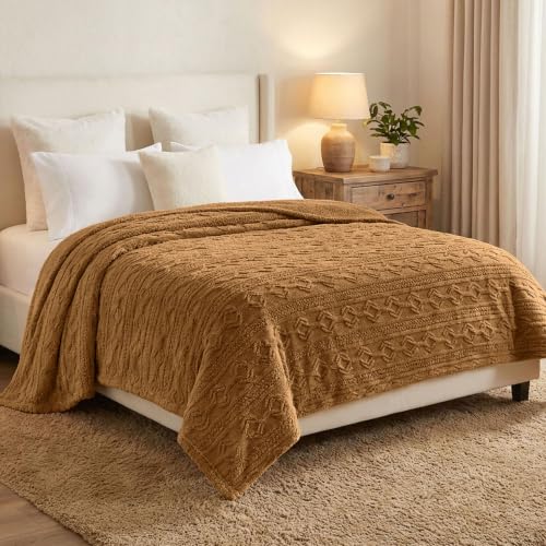 Superior Fleece Boho Jacquard Blanket, Decorative Blankets for Bedroom, Sofa, Fuzzy, Plush, Fluffy, Soft, Cute Room Decor, Beautiful Cover, Comfort Essentials, Arctic Collection, King, Camel - color: Camel, size: King