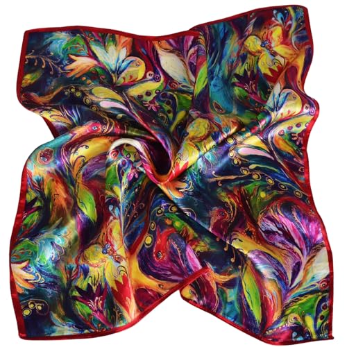 Women 100% Mulberry Silk Neck Scarf 21" Square Floral Neckerchief - color: Red Fire Phoenix