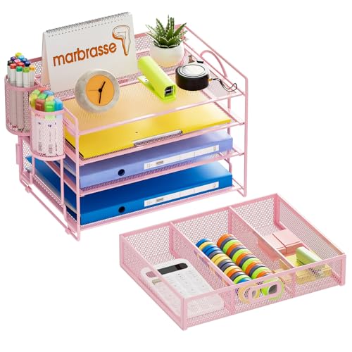Marbrasse Desk Organizer, 4-Tier Paper File Letter Tray, Pink - color: Pink with Pen Holder
