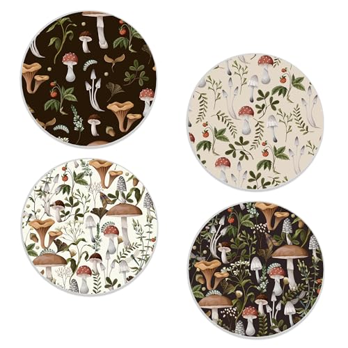 Coasters Set of 4, Mushroom Weeds Round 4" Ceramic & Cork Coasters, Absorbent, Ideal for Table Home Decor, Gifts for Women Men - color: Mushroom Weeds