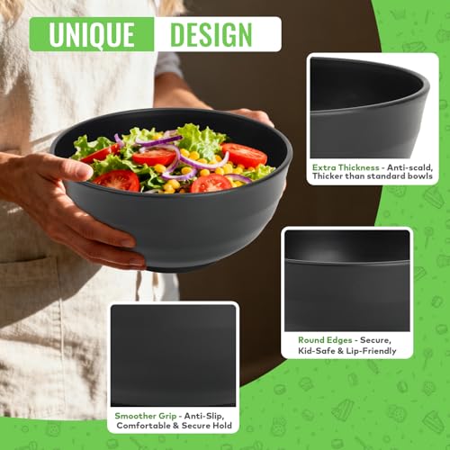 Wheat Straw Bowls Set of 6, Unbreakable Lightweight 60 OZ Salad Bowls for Kitchen and Camping, Big Plastic Bowl for Serving, Cereal, Ramen, Soup, Microwave & Dishwasher Safe, Black - color: Black, size: 60 OZ