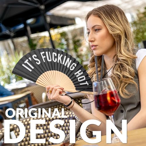 Fisura – Original folding fan with message “F*cking hot”. Black wooden handheld fan for women. Lightweight accessory for raves, weddings, birthdays, festivals, parties and fun gift ideas. - color: Hot, Black