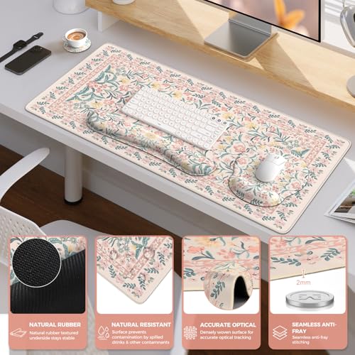 iCasso Desk Pad Mat, Large Mouse Pad and Keyboard Wrist Rest Set - color: Pink Flowers