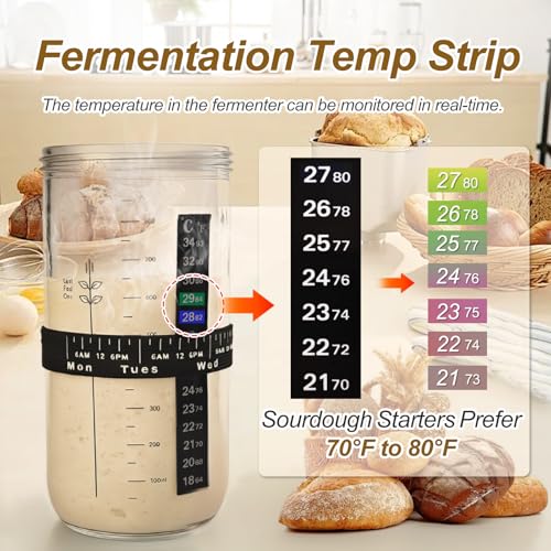 Sourdough Starter Jar Kit, 34oz Wide Mouth Sourdough Starter Jar - Date Marked Feeding Band, Thermometer, Spatula, Cloth Cover & Lid, Bread Baking Supplies for Beginners