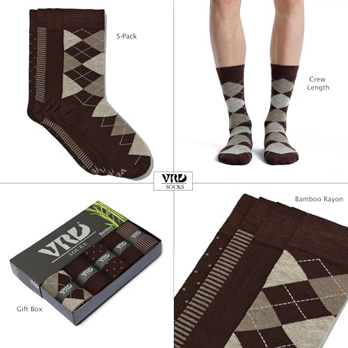 VRD Men's Dress Socks Bamboo Rayon, 5-Pack Crew Socks, Multiple Colors and Designs, Shoe Size 8-13, Gift Box - color: 07: Dark Brown, 5-pack Mix (2 Solid, 1 Striped, 1 Dotted, 1 Argyle)