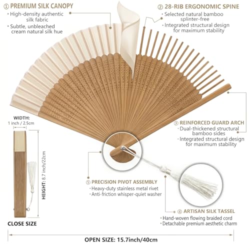 Japanese Folding Hand Fan for Women - Bamboo Silk Handheld Foldable Fan with Tassel & Pouch for Hot Flashes, Rave, Church, Gift,Wedding - Whisper-Quiet, Purse Size (Bamboo White) - color: Bamboo White