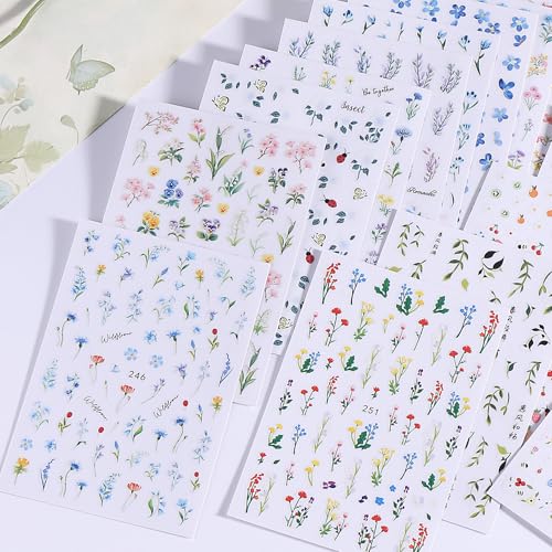 3D Flower Leaf Nail Stickers 12 Sheets Self-Adhesive Floral Decals for Nail Art Summer Wildflowers Blossom Leaves Design Manicure Decorations DIY Plants Sliders Nail Art Accessories for Women - style: Wildflowers