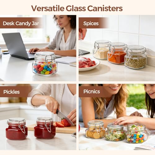 ComSaf Square Small 17 oz Glass Jars with Airtight Lids 6 Pack Wide Mouth - size: 17 fl oz x 6