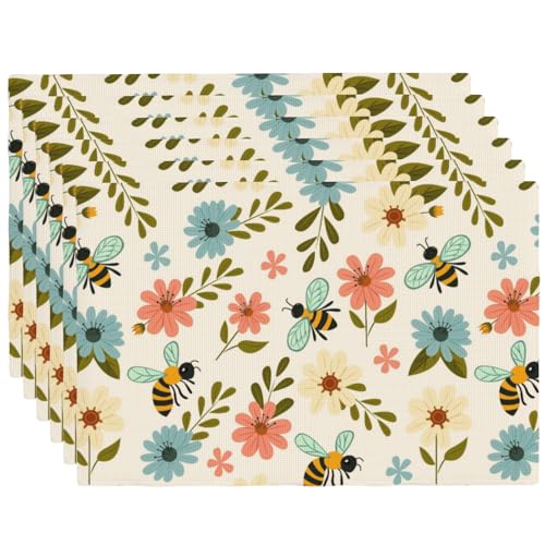 Pink and Blue Flower Bee Placemats Set of 6 12x18 Inch - color: Colorful, size: Set of 6