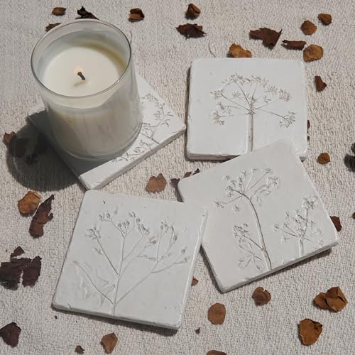 Ceramic Coasters Set of 4, White Vintage Engraved Flower Design