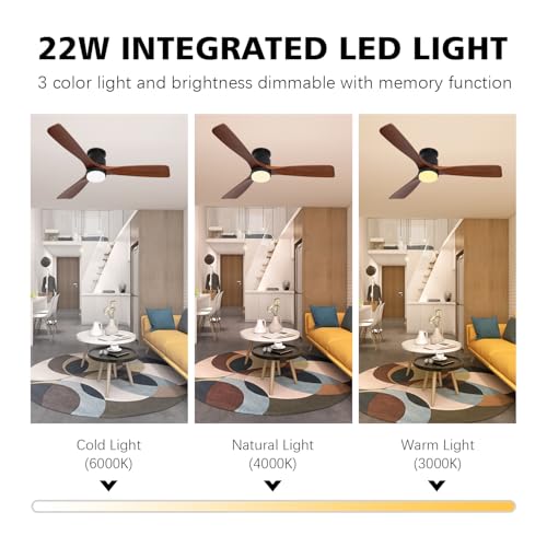 52" Dark Brown Ceiling Fan with Lights and Remote - color: Flush Mount - Brown wood