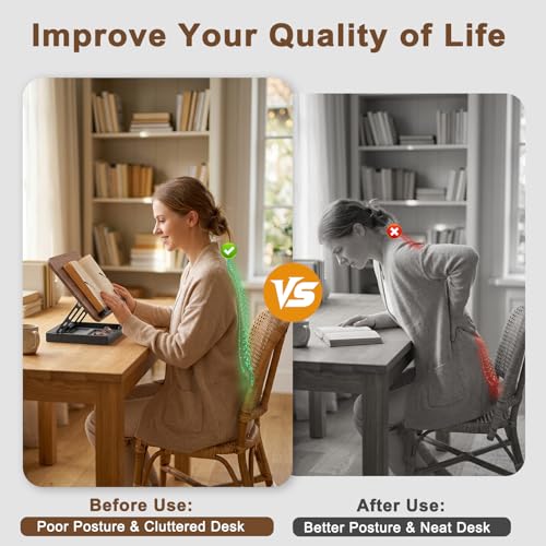 Book Stand for Reading, Wooden Cookbook Stand with Storage