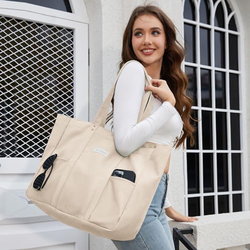 HOMESPON Large Canvas Tote Bag, Magnetic Work Laptop Pack for Women - color: Beige