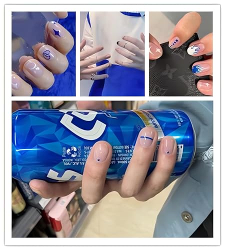 4 Colors ins Minimalist Style Nail Stickers, Simple Cat Love Stars Impressionist Drawing Line Stickers for Man Woman (4 Sheets)+Nail Sticker Specialized Tweezers - style: Flame Smile Face
