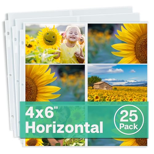 Dunwell 12x12 Scrapbook Page Protectors - 4x6 Photo Sleeves for 3 Ring Binder, 4x6 Photo Album Pages (25-Pack, Horizontal), Holds 300 Pictures, Scrapbooking Refill Sleeves, Fits Pioneer & WRMK Albums - size: 25 Pack, style: 4x6" Horizontal