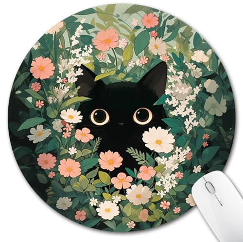 Hancynir Black Cat Round Mouse Pad, Small Mousepad for Laptop Desk Office - color: Cute Flower Cat