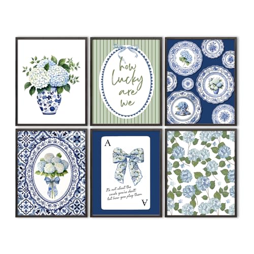 LUKIPOM Blue Chinoiserie Hydrangea Wall Art Poster,Coquette Blue and White Floral Grandmillennial Canvas Wall Decor Gifts for Women Teen Girls Home Bedroom Living Room，8x12in Set of 6 - color: Color 018