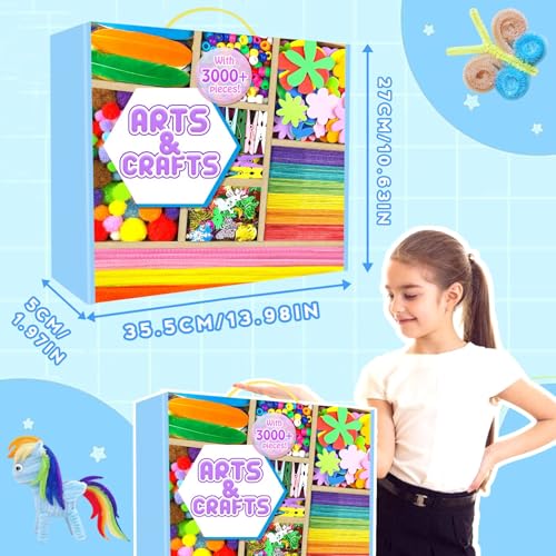 Arts and Crafts Supplies for Kids - 3000Pcs Craft Kit with Pipe Cleaners Crafts for Kids All in Art Crafting Box DIY School Supplies Materials Set Toys Gifts for Girls Boys Age 4 5 6 7 8 9 10 11 & 12 - color: Blue