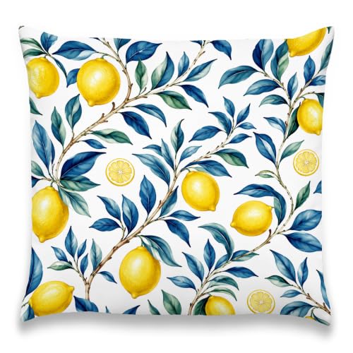 Lemon Branch Pillow Cover Blue Leaf Botanical Citrus Coastal Decor 18x18 - color: Yellow Lemons