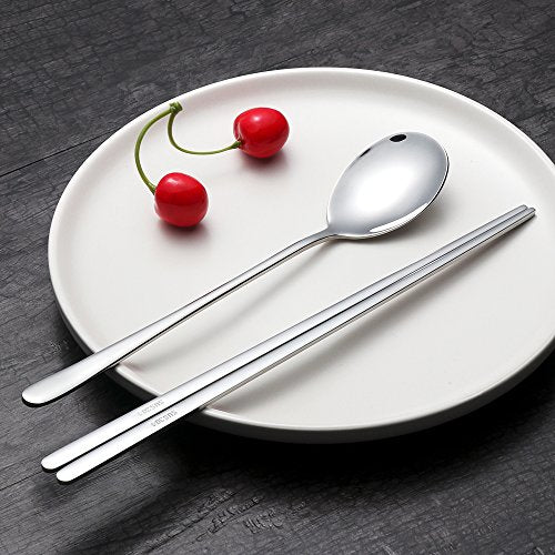 Buyer Star 4 Set Silver Korean Chopsticks Spoon Set Reusable Metal Stainless Steel Spoon Chopstix Set - color: silver-flat chopstick and spoon