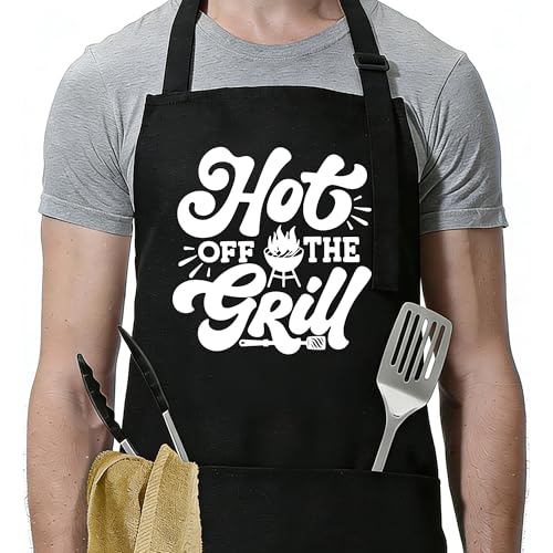 Funny Apron for Men Women,Humorous Kitchen Apron- Grilling Cooking BBQ Accessories, Gift for Dad Husband - color: Hot Off the Grill