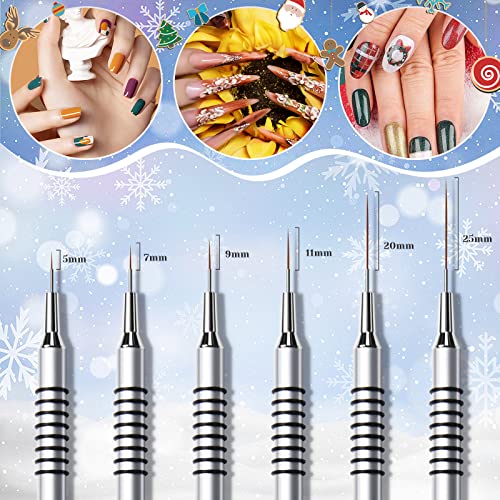 Nail Art Liner Brushes Set, 6Pcs Nail Art Design Brush Striping Thin Long Lines | Dotting Drawing Pen, UV Gel Polish Painting Metal Handle Striper Brushes Size 5/7/9/11/20/25mm - color: Silver