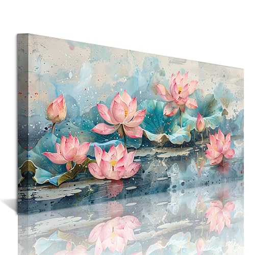 NAN Wind 1Pcs Vintage Pink Lotus Flowers Watercolor Canvas Wall Art Print Serene Pond Scenery Blooming Lotuses Teal Leaves Color Splashes Tranquil Floral Nature Pictures for Home Decor Ready to Hang - color: Pink Lotus-One Piece, size: 24"L x 12"W
