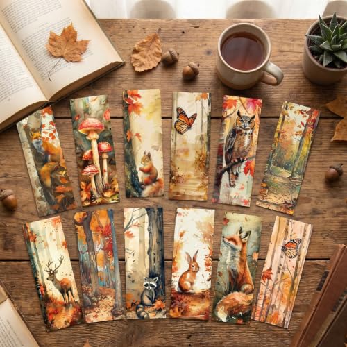 Fall Bookmarks Gifts for Women - 120 Pcs Autumn Forest Animal Bookmark Paper Maple Leaf Fox Butterfly Page Book Marks for Book Lovers Harvest Office School Thanksgiving Party Favors - color: Fall Forest Animal
