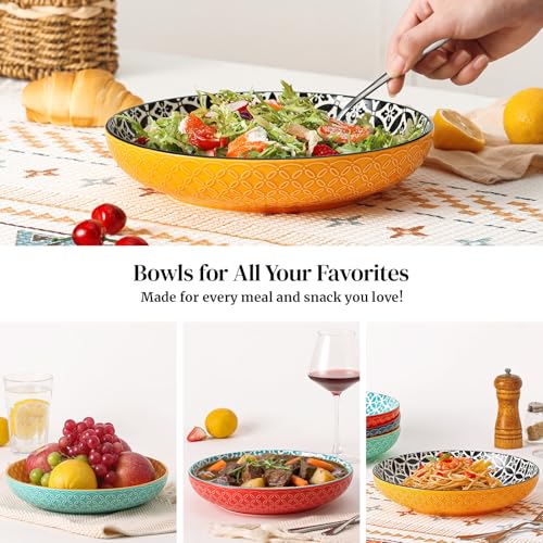 DOWAN 10" Vibrant Pasta, Salad & Soup Serving Bowls Set of 4, Embossed Large Porcelain Ceramic, Microwave & Dishwasher Safe, Bonita Design Dinnerware Dishes for Daily Dining, Family Gatherings, Party - size: 10 IN