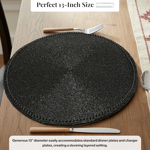 Beaded Round Placemats - Beaded Table Mats with Polyester Backing for Dining Table, Wedding, Christmas, Holiday, Party Decor - Handmade Glass Bead Charger 13" (Black) - ALPHA Living HOME (Pack of 2) - color: Black, size: Set of 1 (Pack of 2)