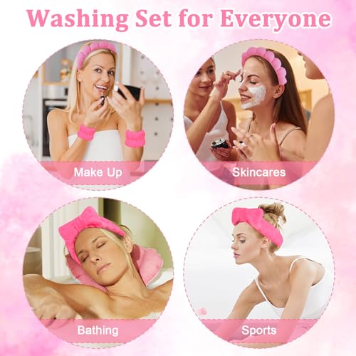 6 Pcs Terry Cloth Headband and Wristbands Set - Sponge Makeup Removal Headbands for Skincare, Shower, and Face Washing - color: Rose