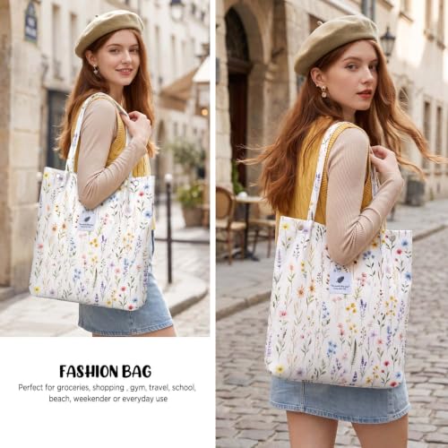 Ayieyill Corduroy Tote Bag for Women Canvas Shoulder Cord Purse with Inner Pocket - color: Cottagecore