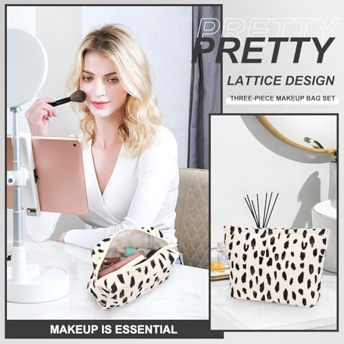 EIMMBD Makeup Bag 3 Pieces Large Capacity Cosmetic Bags Makeup Pouch for Purse Travel Toiletry Bag Organizer Cute Makeup Pouch Storage for Women(Beige Leopard) - color: Beige Leopard